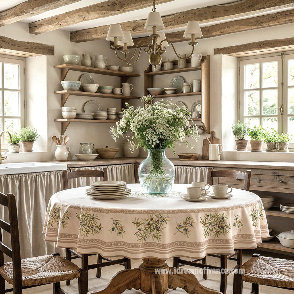 Round French Provencal tablecloth draped on a round table, showing the drop length