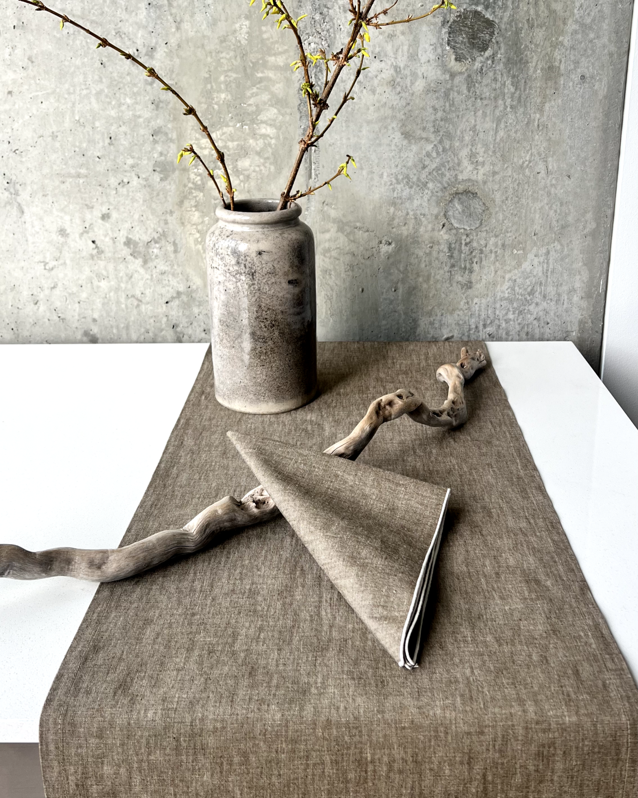 Tan chambray cotton table runner, understated everyday styling