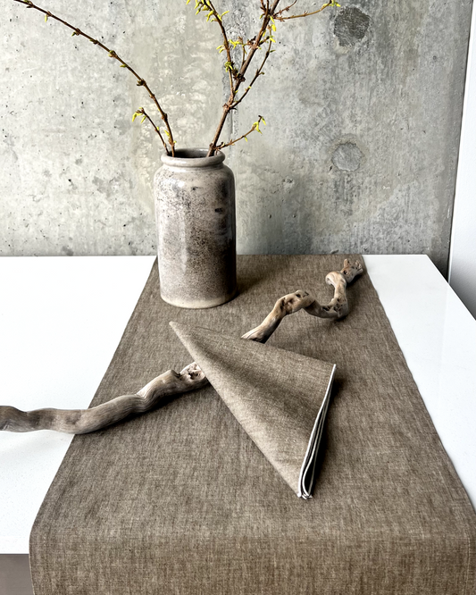 Tan chambray cotton table runner, understated everyday styling