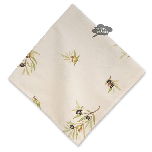 Cream cotton napkin with olive branch print, French Provencal design